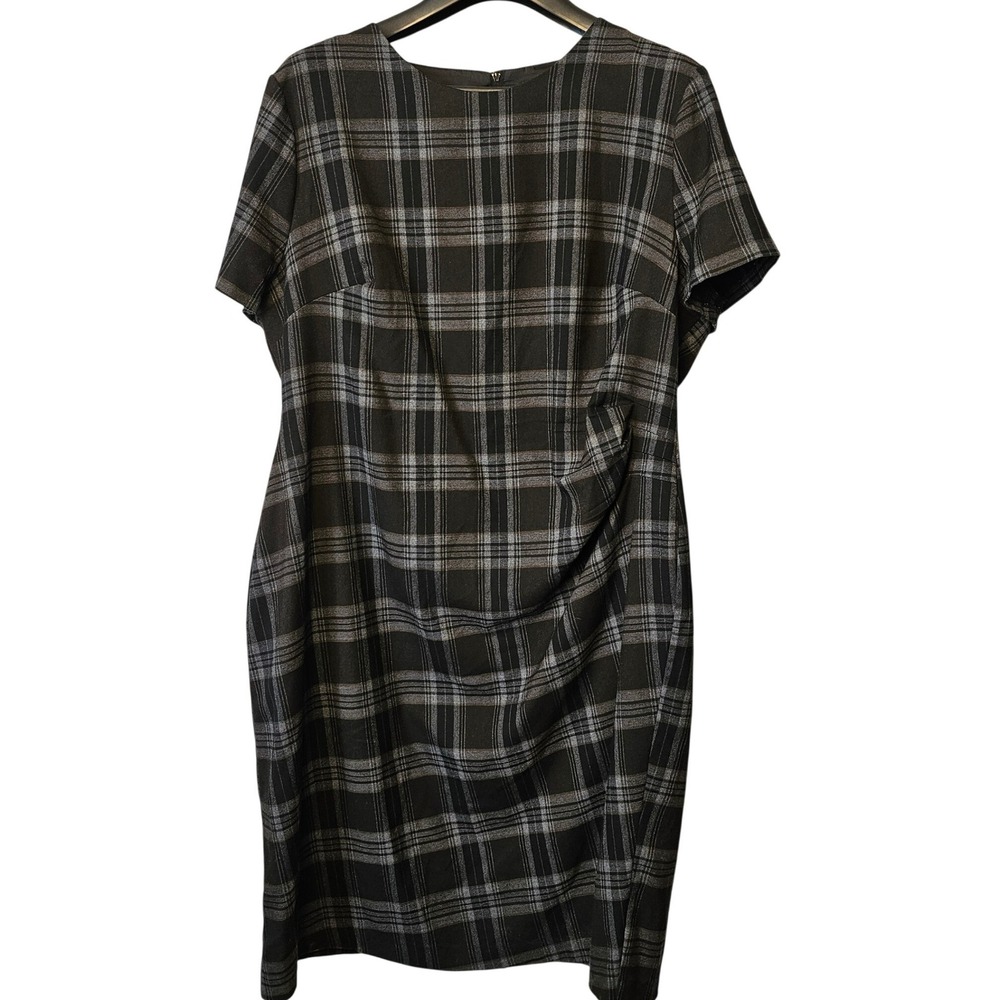 Dorothy Perkins Grey Plaid Ruched Side Sheath Dress Sz US 18 EU 50 UK 22 S/S EUC